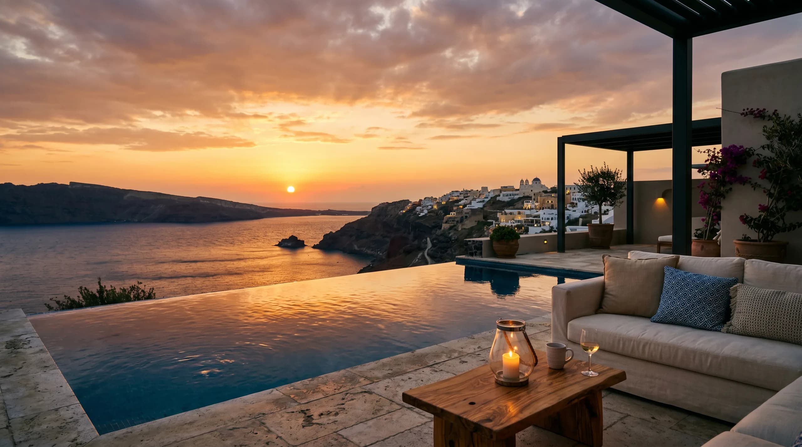 Sunset over the Mediterranean from the terrace of a vacation home — an infinity pool catching the last gold, a lit lantern, the sea deep blue below